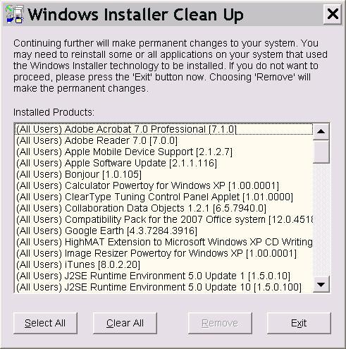 microsoft property windows installer cleanup xp