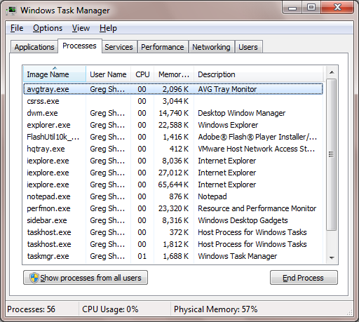 process list in windows 7