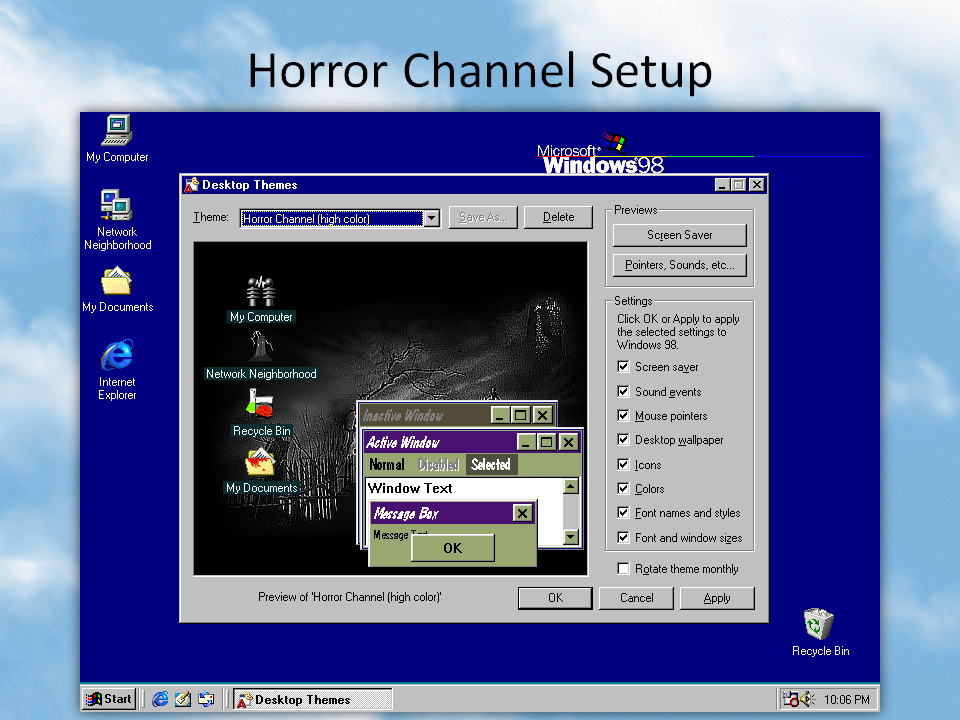 Телеканал ужасы программа. Темы Windows 98. Классическая тема Windows 98. Темы для win 98. Темы виндовс 98.