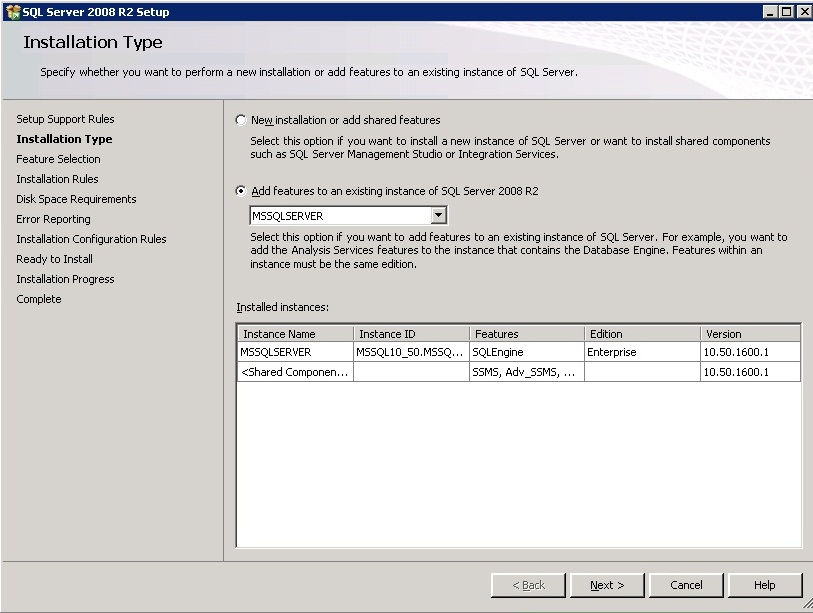 The SQL Server instance is selected here