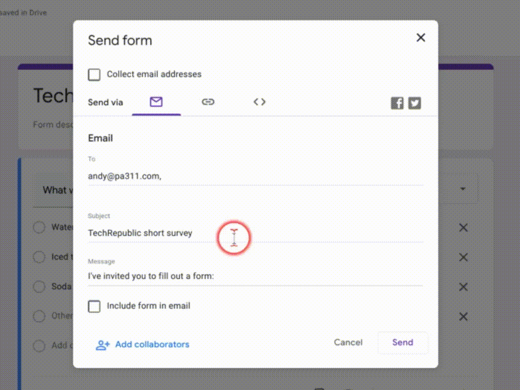 GIF created from Google Forms, showing selecting the "Include form in email" box, then selecting Send