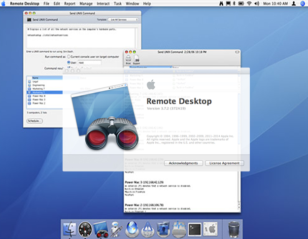 Reporting and remote command execution in Apple Remote Desktop.