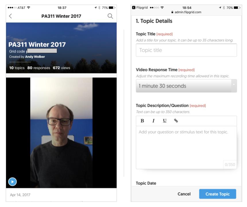 Flipgrid: screenshot of student app (left); admin video upload web page (right)
