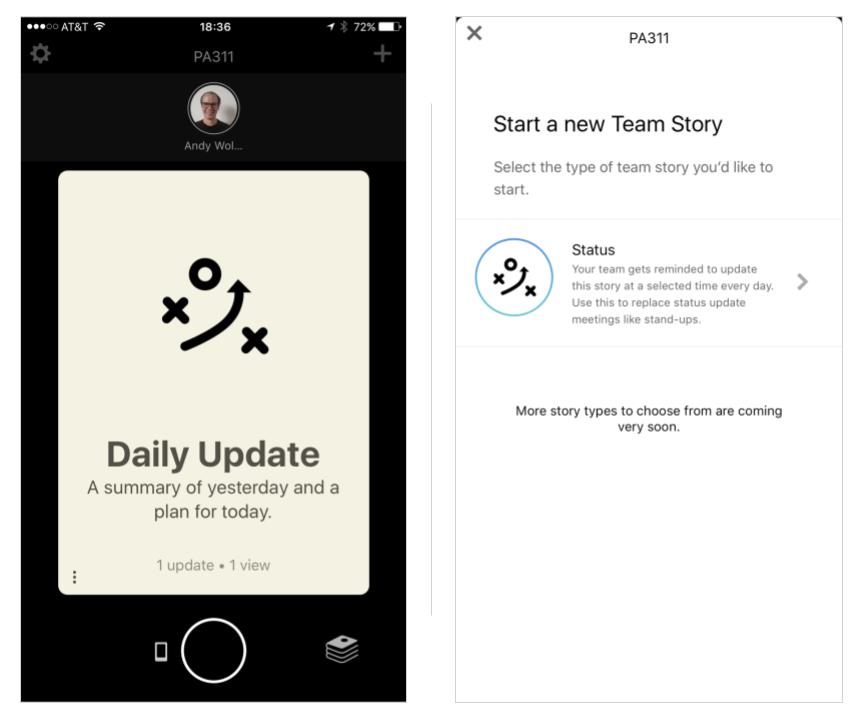 Catch app: screenshot of Daily update (left); screenshot of "Status" story type (right)