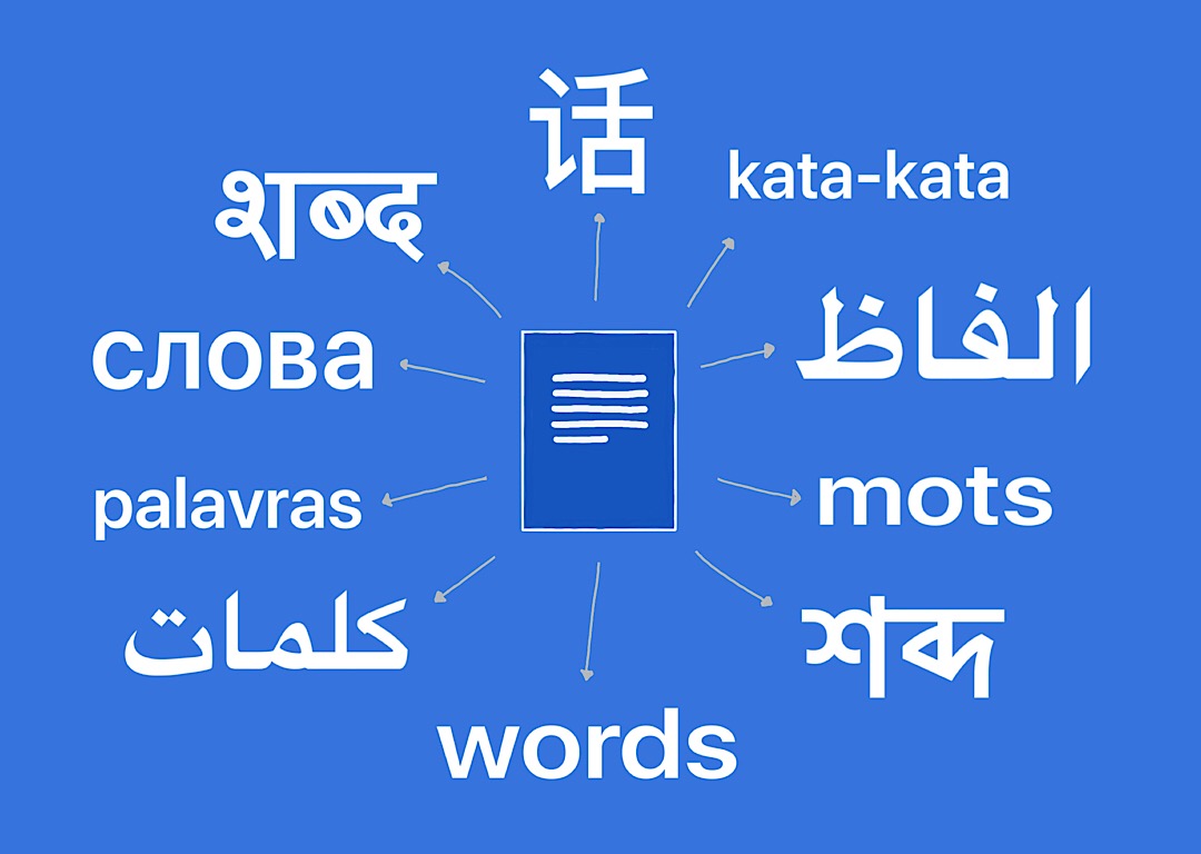 Illustration of Google Doc in center, with arrows point out toward the word "Words" translated into some of the most widely spoken languages on Earth