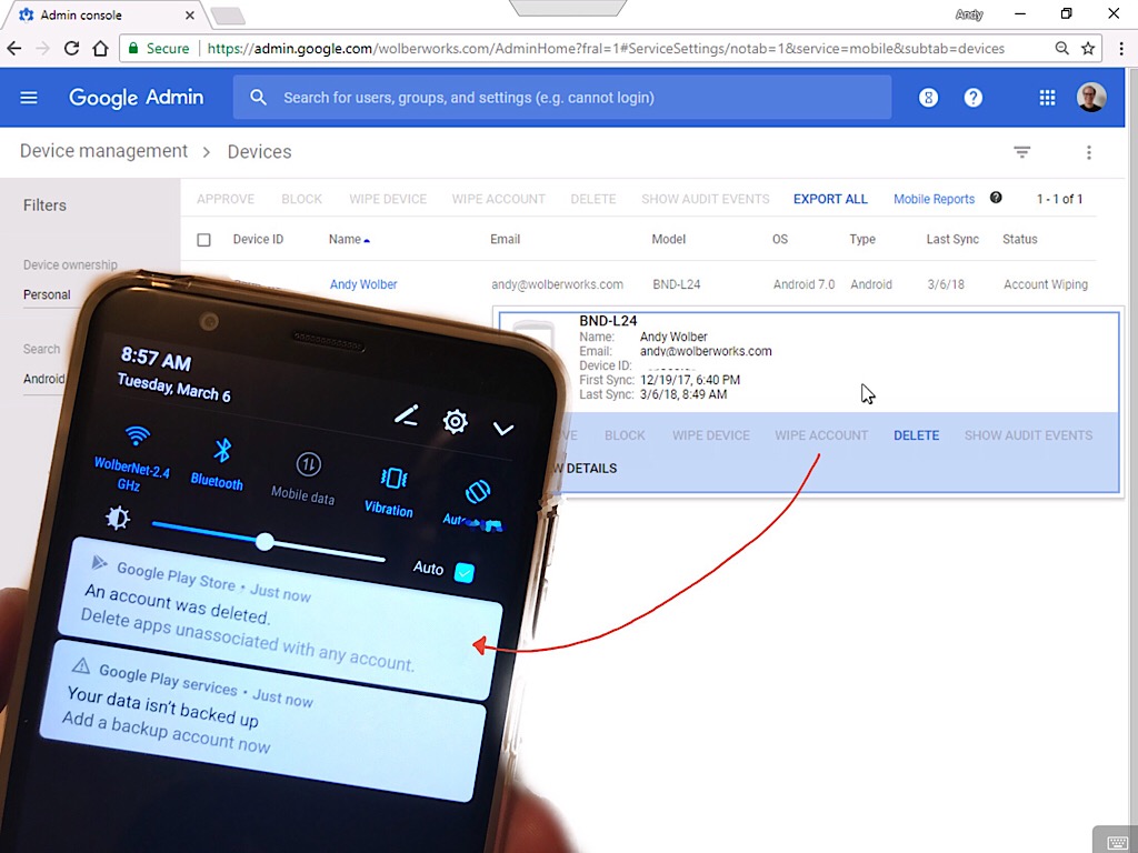 Photo of Android device with "An account was deleted" alert displayed in front of G Suite admin screen showing "Wipe account" device management (with a red arrow from "Wipe account" to phone alert)