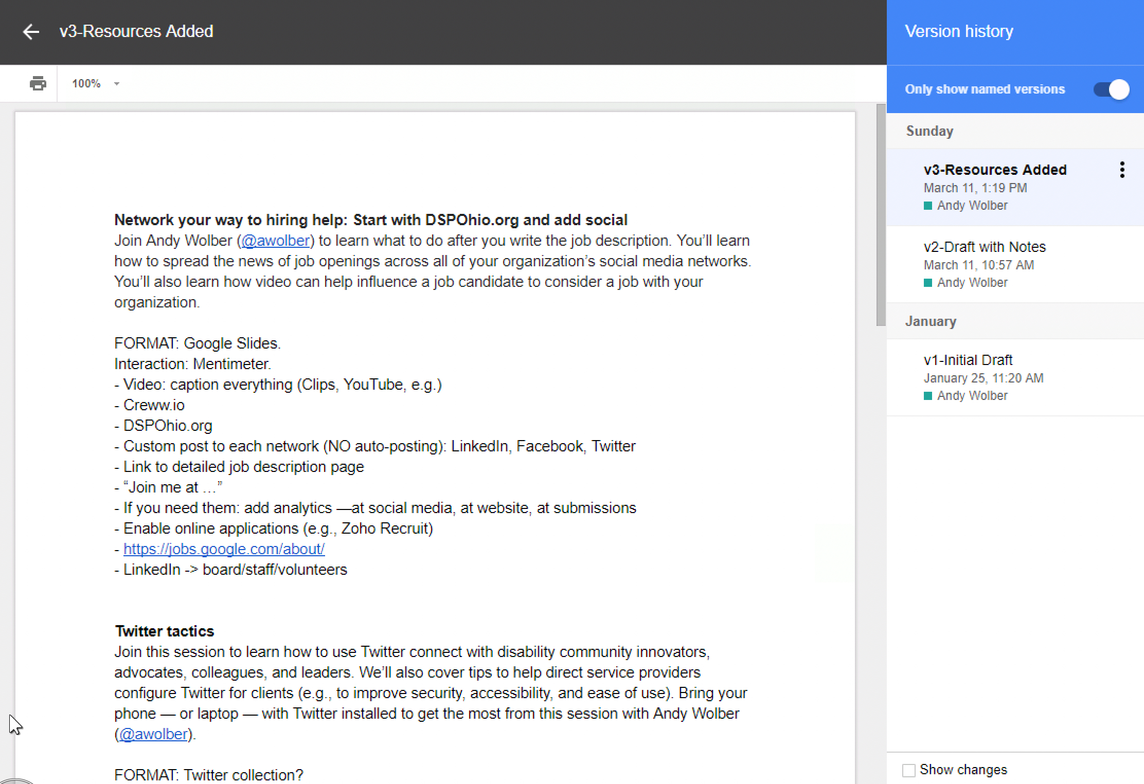 Screenshot of the Google Docs version history view (document on left; version history list on right; print option upper left)