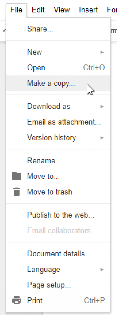 Screenshot of File > Make a copy... option.
