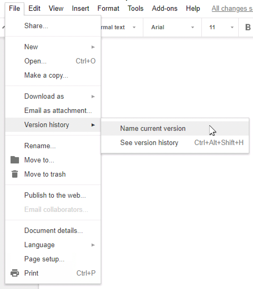 Screenshot of Google Doc "File > Version History" menu options (e.g., "Name current version" and "See version history")