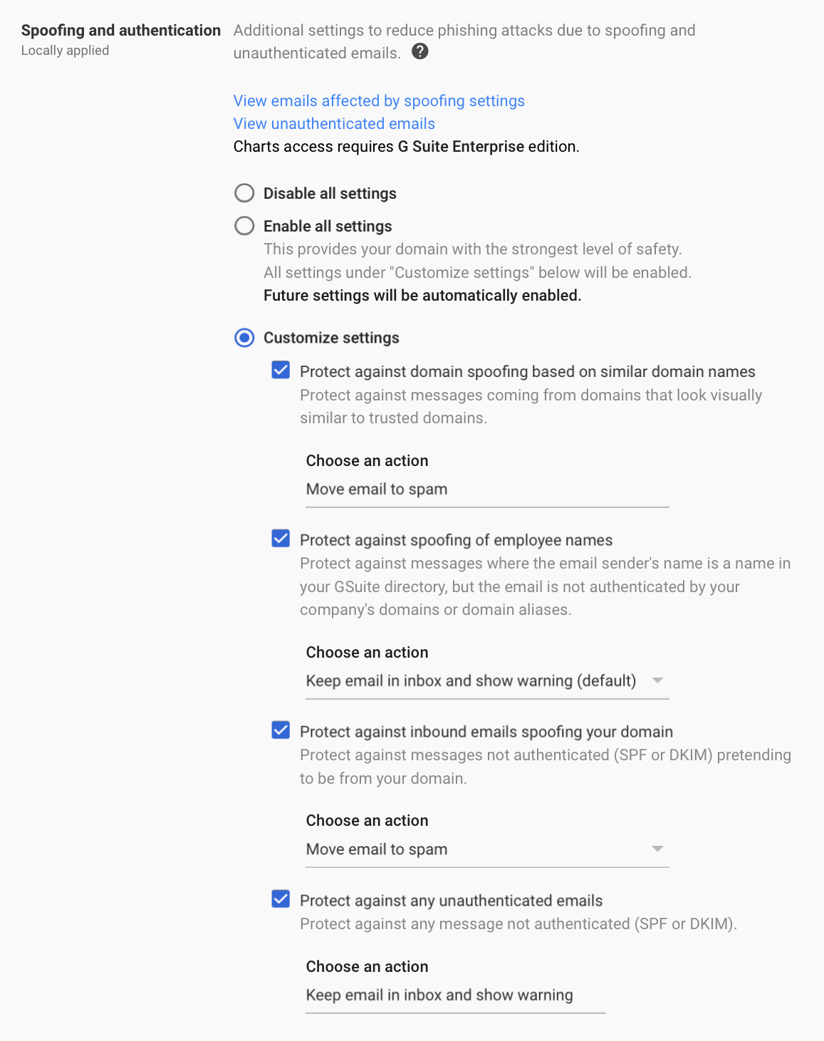 Screenshot of Gmail > Safety > Spoofing and authentication settings