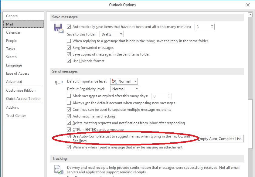 enable autocomplete letter address in outlook