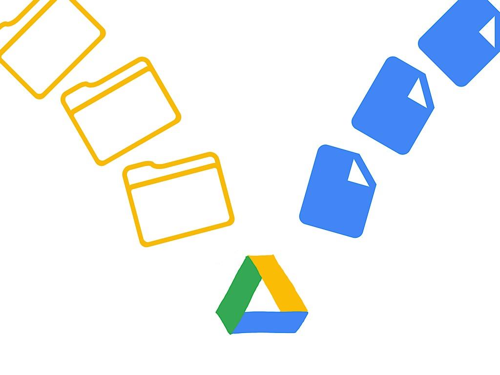 Google Drive-Logo (Mitte, unten), mit drei Symbolen von Ordnern in unterschiedlichen Winkeln (links darüber gebogen) und drei Symbolen eines Dokuments (rechts darüber gebogen)