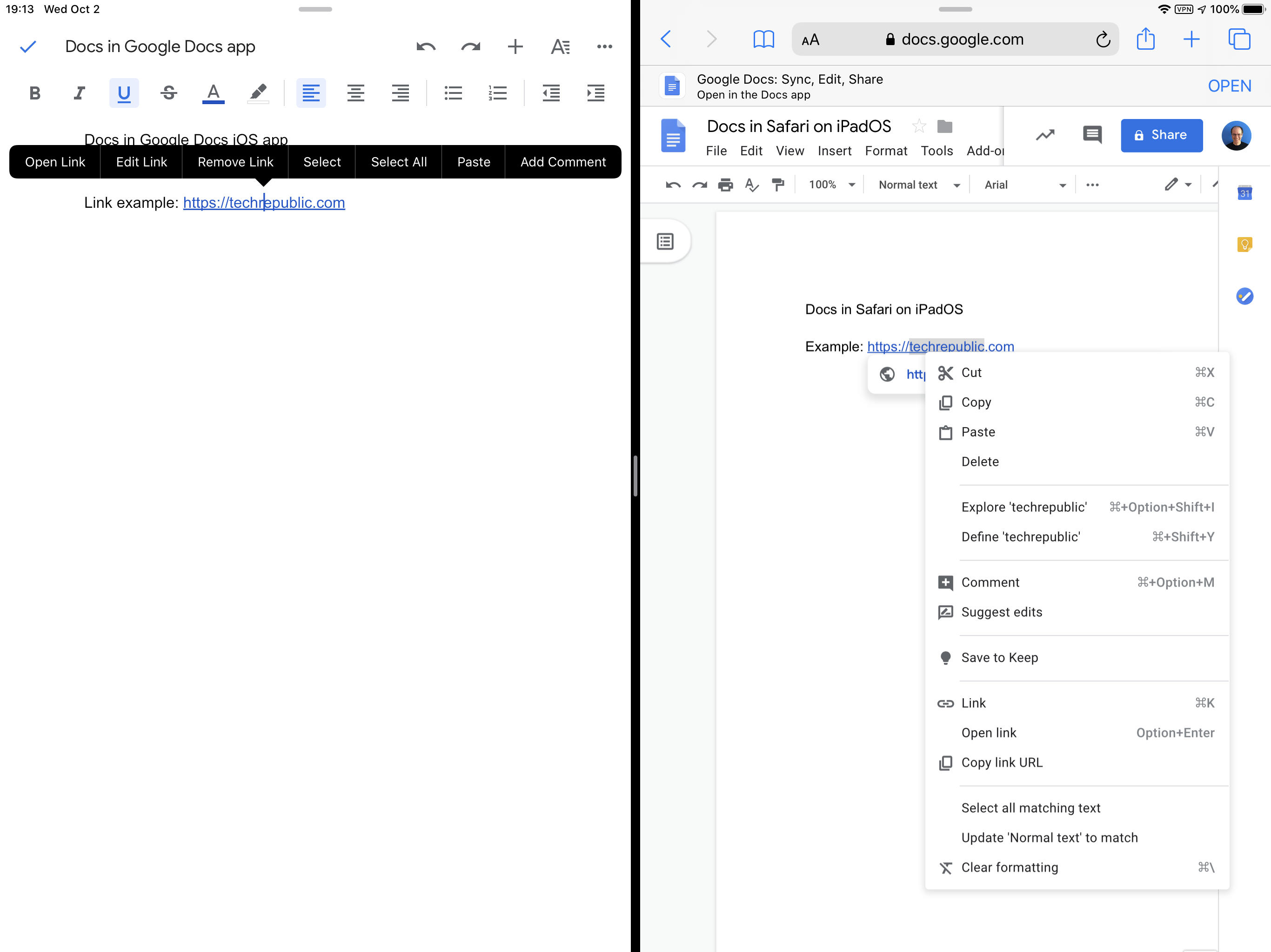 Photo shows iPadOS Split View screenshot, with Google Docs app (left) and Google Docs in Safari (right).
