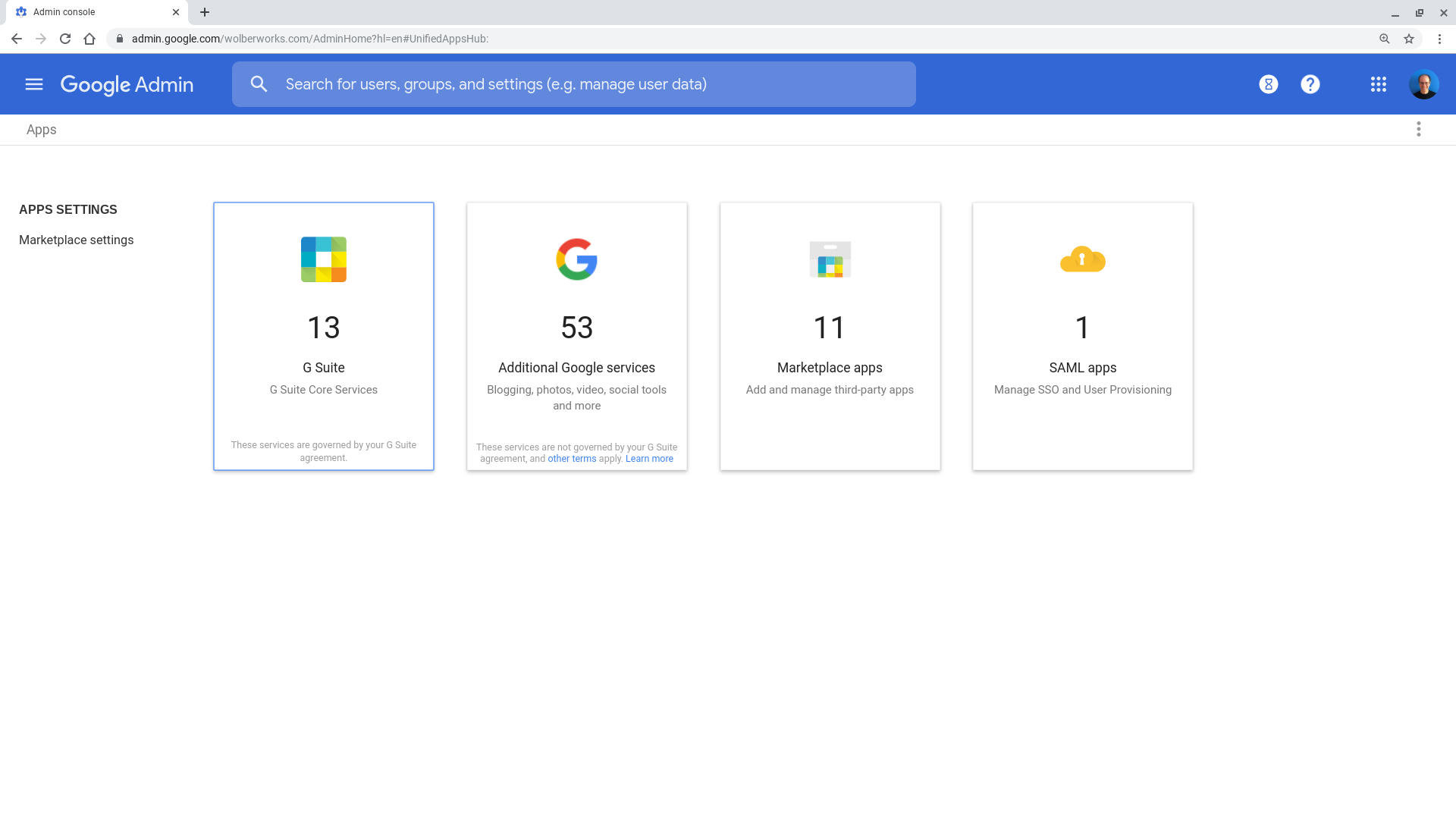 Screenshot of G Suite Admin console > App screen, showing G Suite apps, additional Google apps, Marketplace apps, and SAML connected apps.