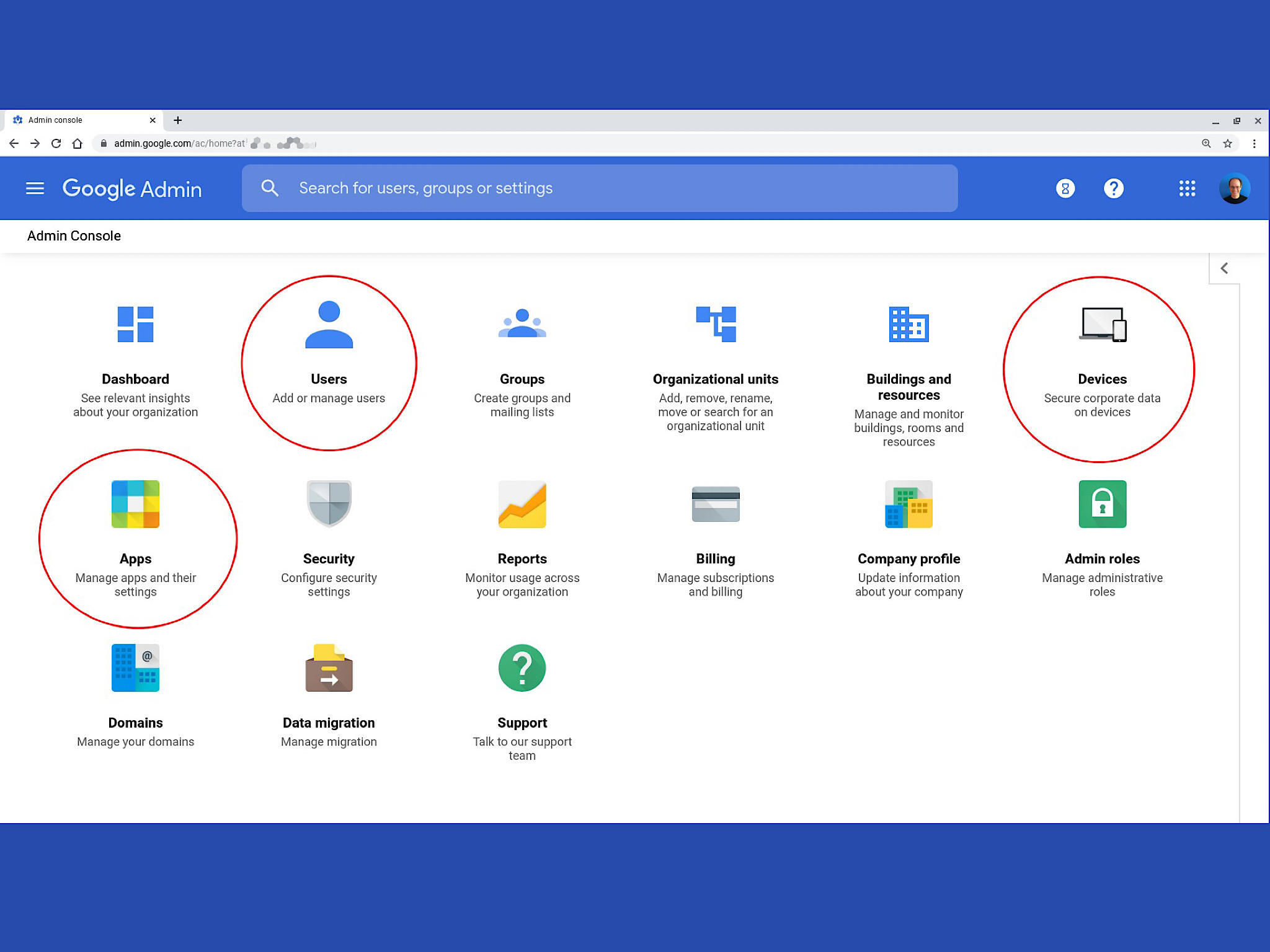 Screenshot of G Suite Admin console, with red circles around Users, Devices, and Apps.