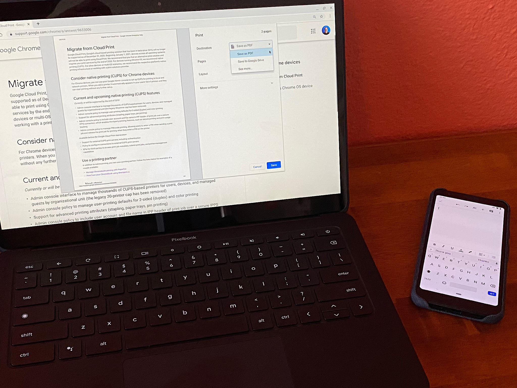 Photo of Pixelbook Go laptop (with Print to PDF option displayed on screen) and Pixel 3a smartphone (with Google Doc app open).