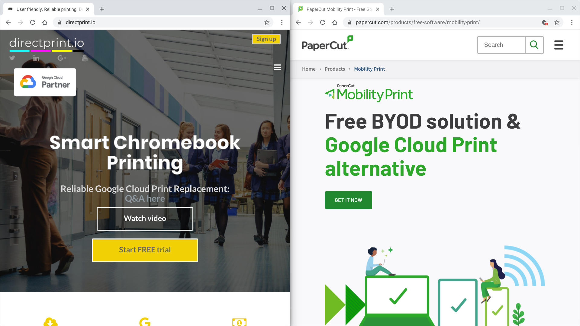 Screenshot of directprint.io screen (left) displays "Smart Chromebook Printing" and PaperCut (right) displays "Free BYOD solution & Google Cloud Print alternative"