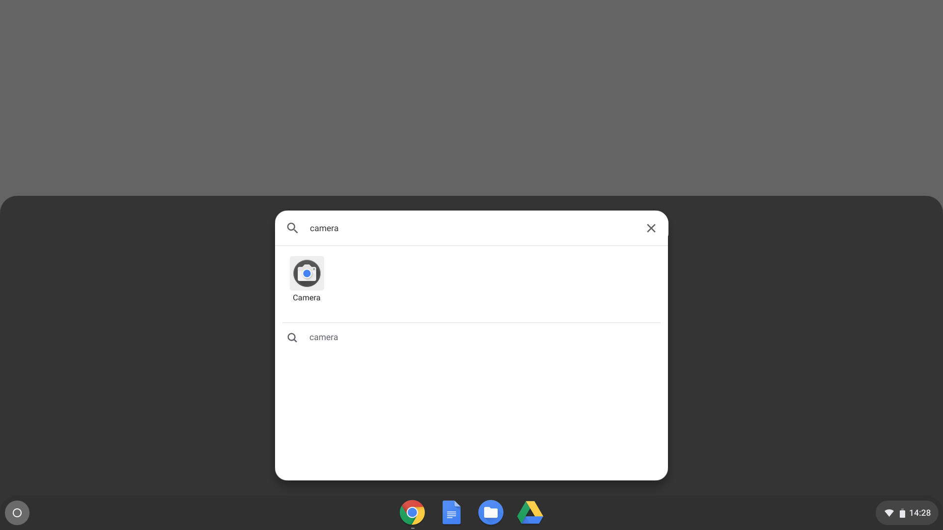 Screenshot of a Pixelbook Go with the Camera app displayed as a search result.