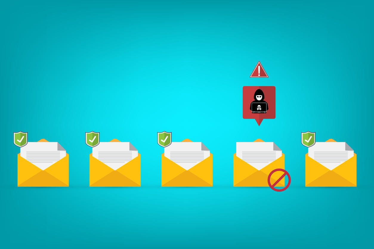 Email / envelope with black document and skull icon. Virus, malware, email fraud, e-mail spam, phishing scam, hacker attack concept. Vector illustration