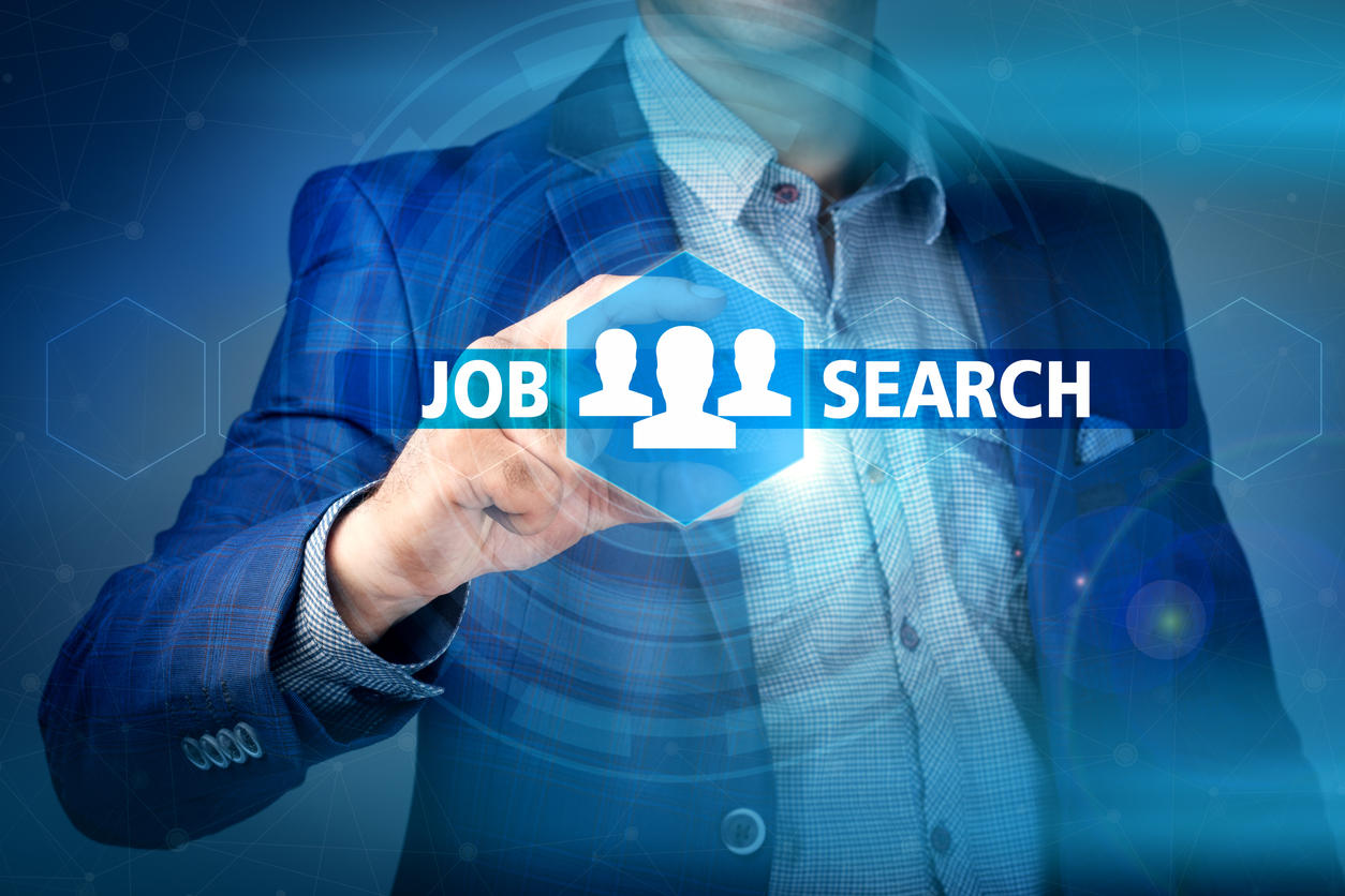 businessman pressing job search button on virtual screens