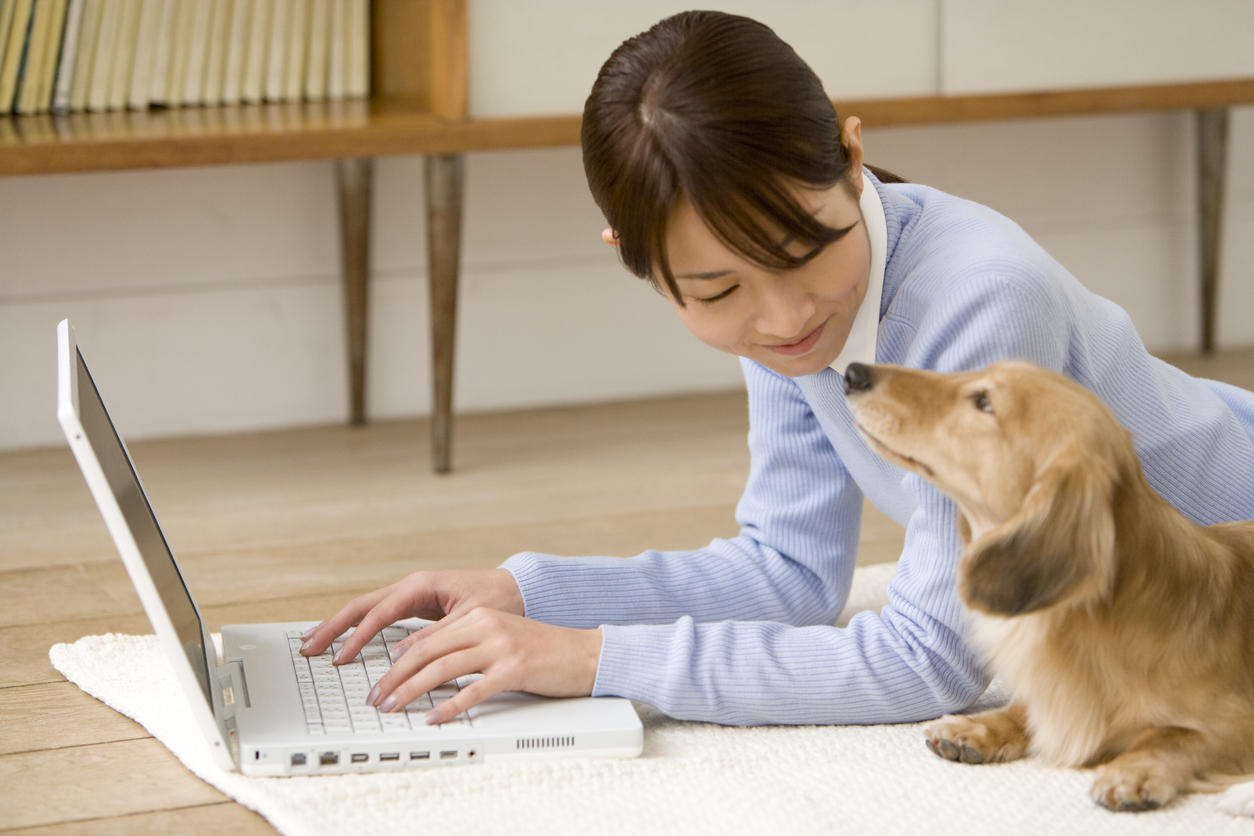 Woman uses PC looking at each other with dog
