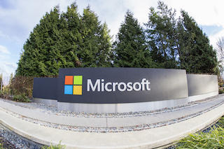 Microsoft sign at the entrance of their corporate headquarters in Redmond