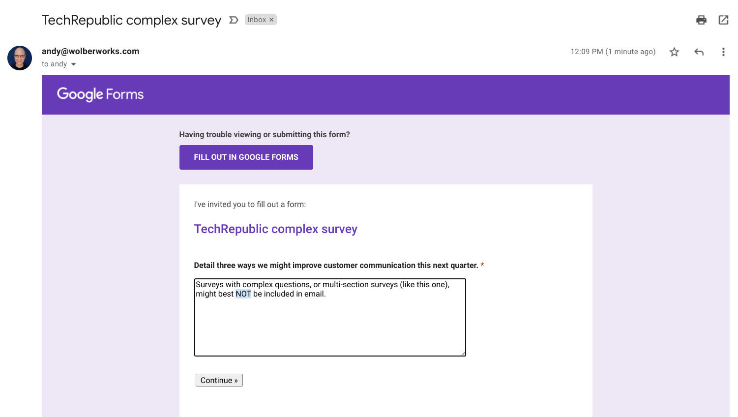 Screenshot of email from Google Forms, with "Continue" button displayed after a single, free form long text box.