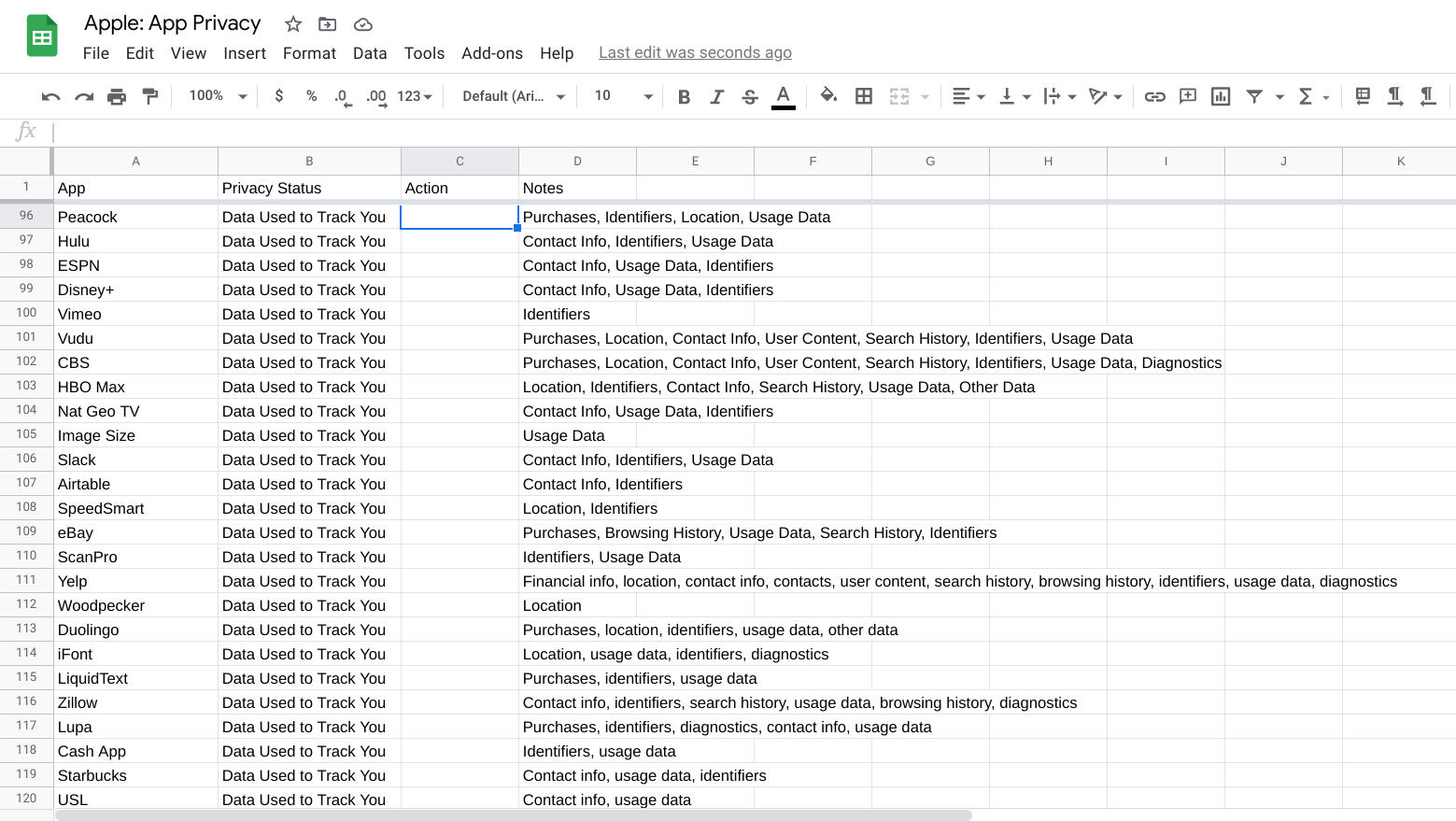Screenshot of a Google Sheet with every row filled with a different app, along with App Privacy details in columns.