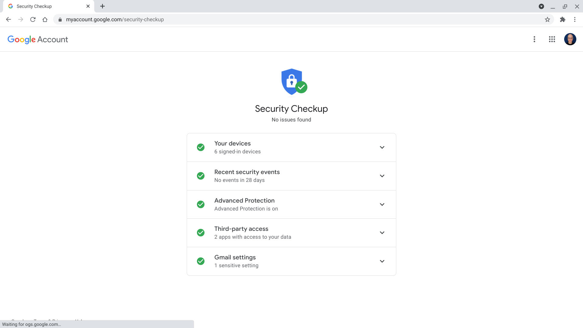 Screenshot of Security Checkup screen, with all items indicated as checked and green to indicated completion.
