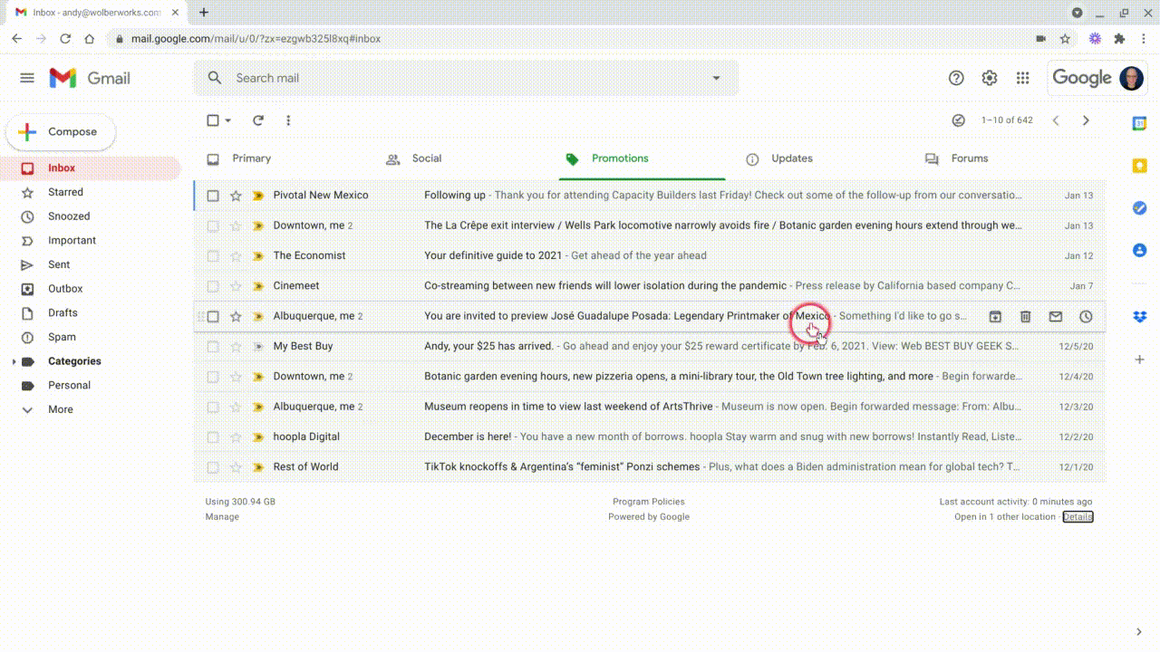 GIF showing selection of DETAILS (in lower right, below displayed emails), which then reveals recent Gmail account access activity (type of activity, IP address, and date/time)