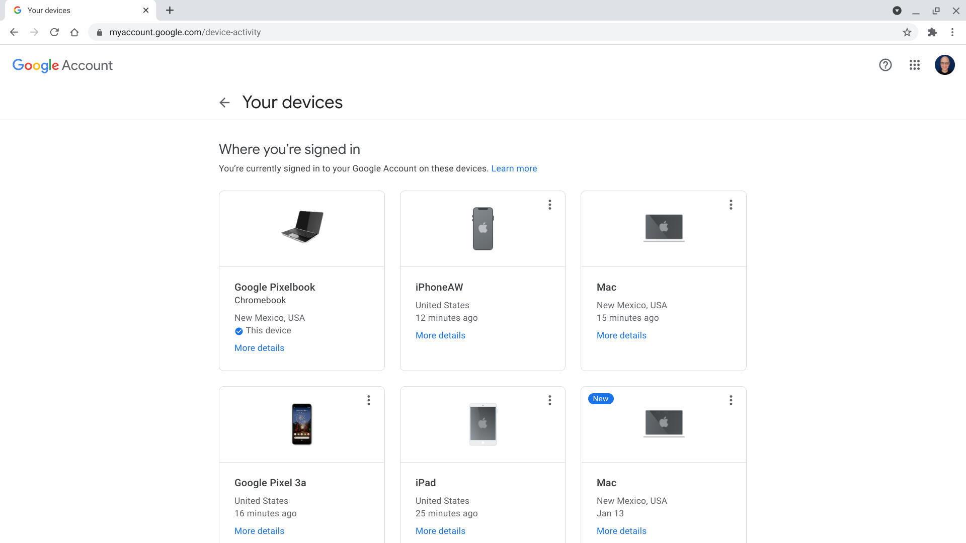 Screenshot shows "Your devices" with 6 different items: Pixelbook, iPhone, Android phone, iPad, and 2 macOS laptops, with recent activity dates also displayed.