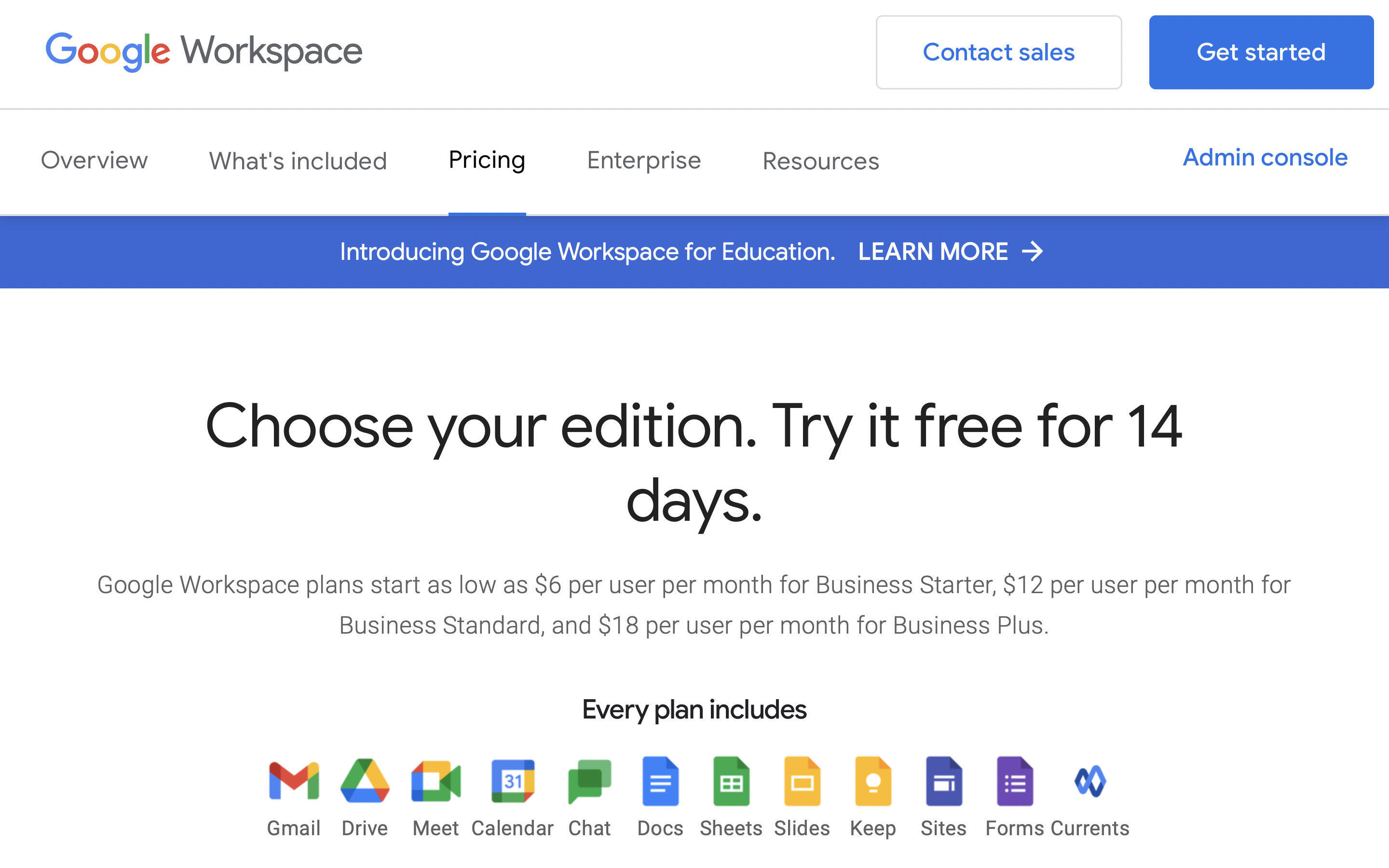 Screenshot of Google Workspace information page, which displays the icons 13 apps available to all editions of Workspace