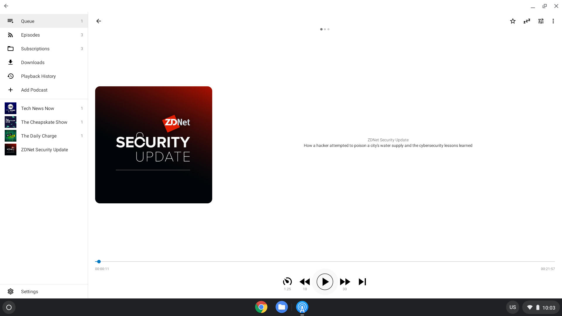 Screenshot of AntennaPod Android app on a Chromebook, with ZDNet Security Update podcast shown.