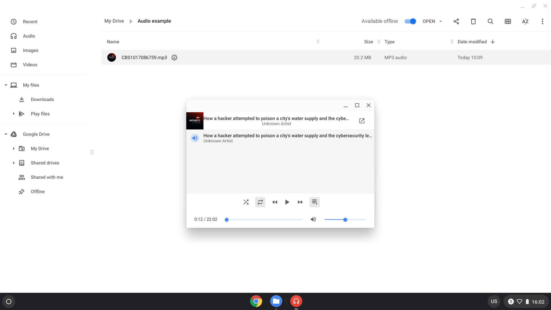 Screenshot of Chrome OS Files app, with an MP3 audio file open and playing, with basic controls (volume, forward, back) displayed.