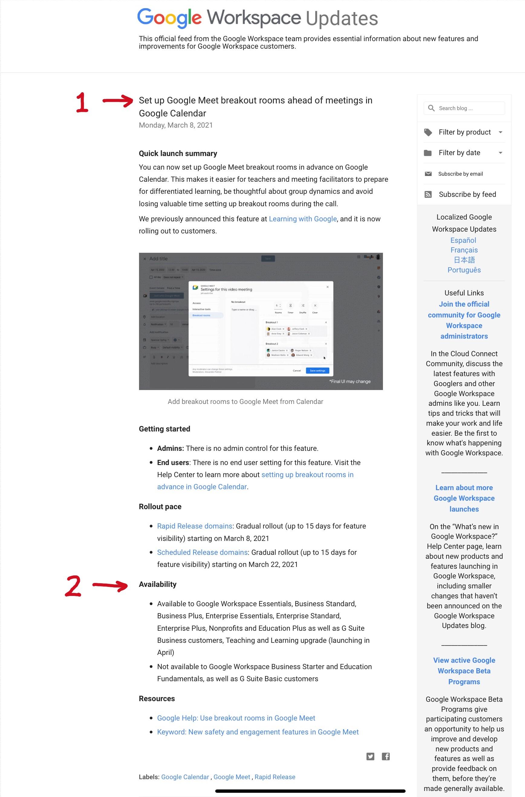 Screenshot of Update with red line and arrow pointing to blog post title (1), and red line and arrow pointing to Availability section (2), near the bottom of the post and page.