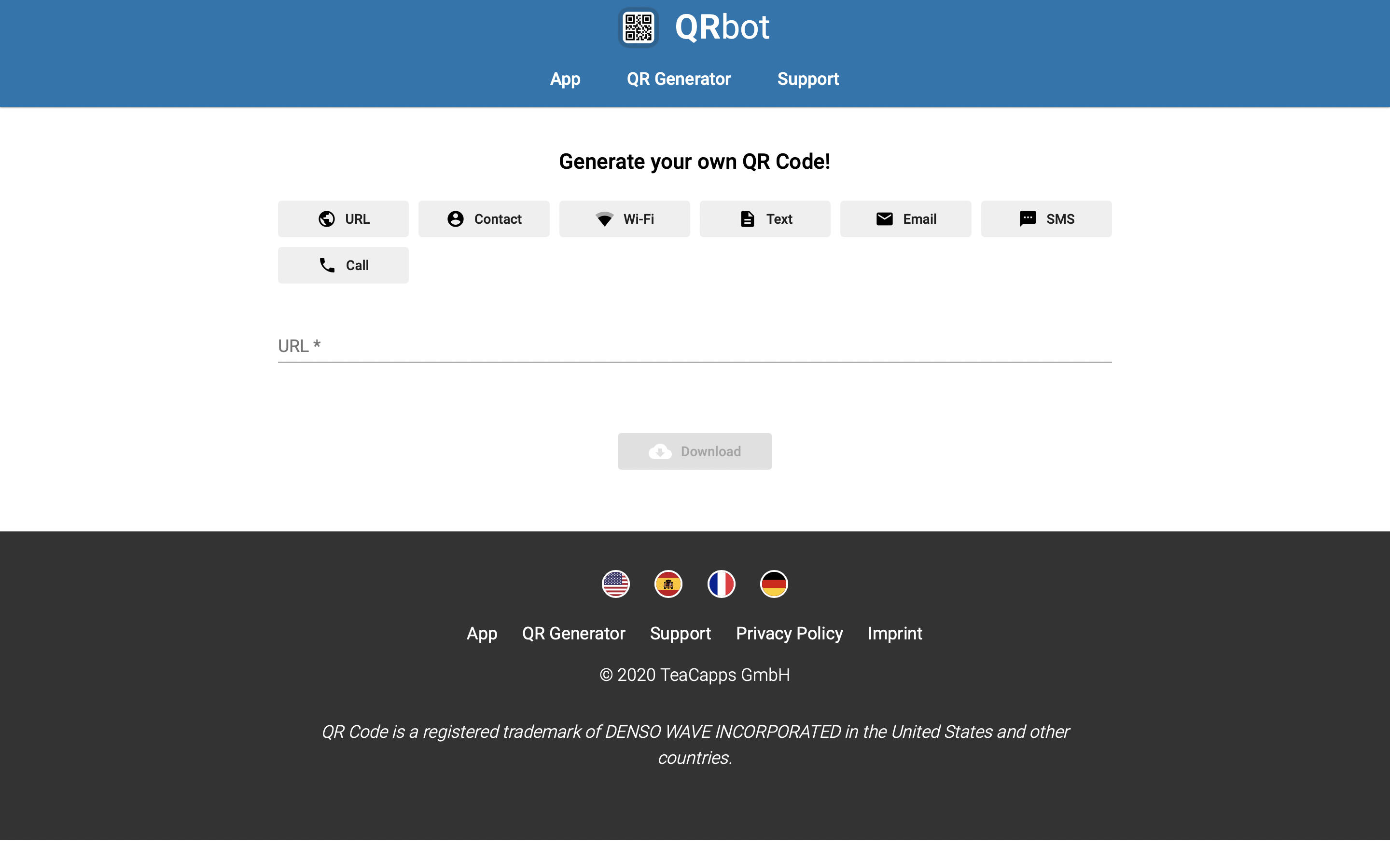 Screenshot of QRbot QR Generator page, with option to create codes for: URL, Contact, W-Fi, Text, Email, SMS, and Call.
