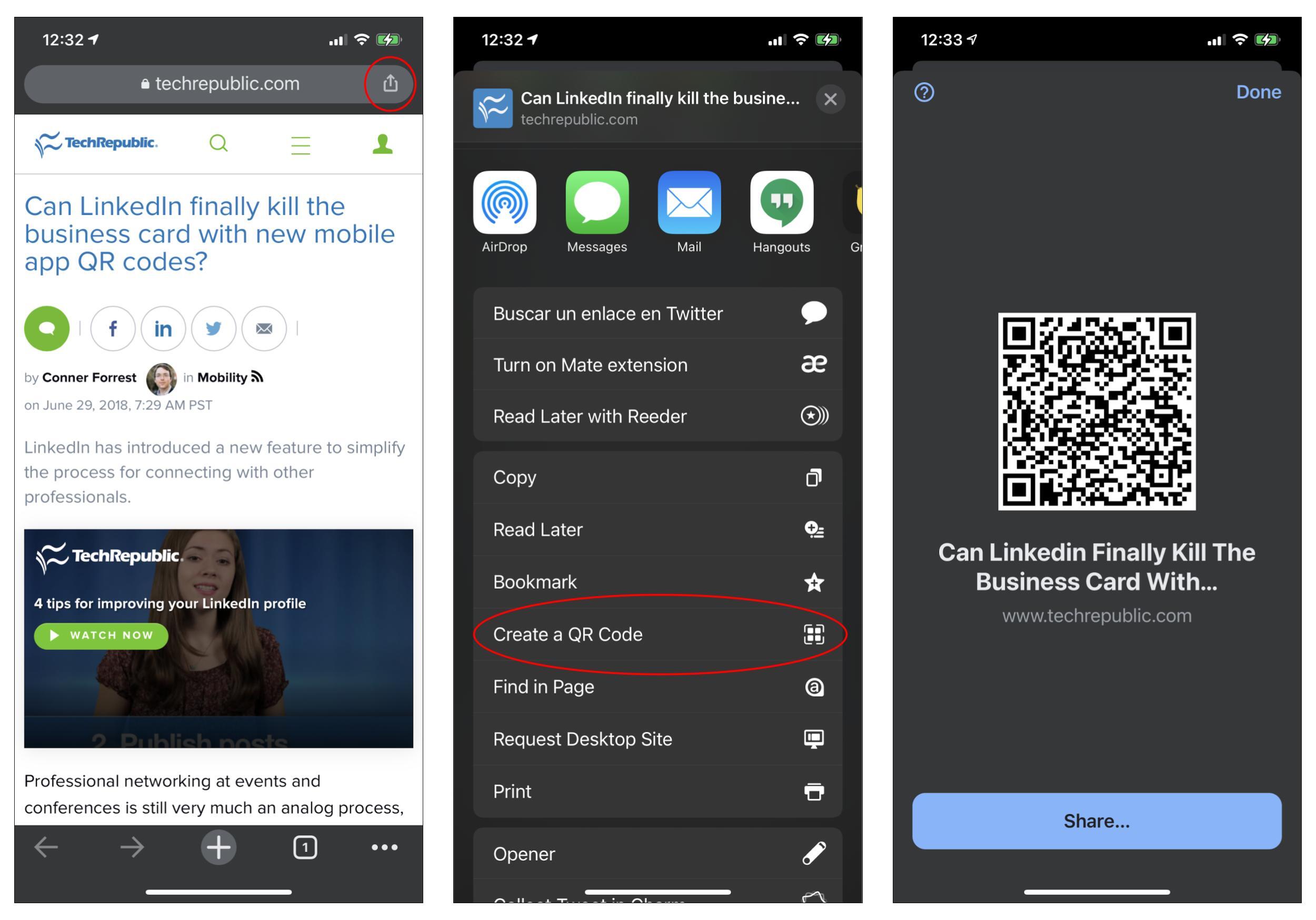 Three screenshots (from left) of the Chrome browser open to a TechRepublic article page. (left) Share glyph in upper-right corner circled, (middle) Create a QR Code menu item circled, (right) Resulting QR code displays, with Share… button at bottom of page.