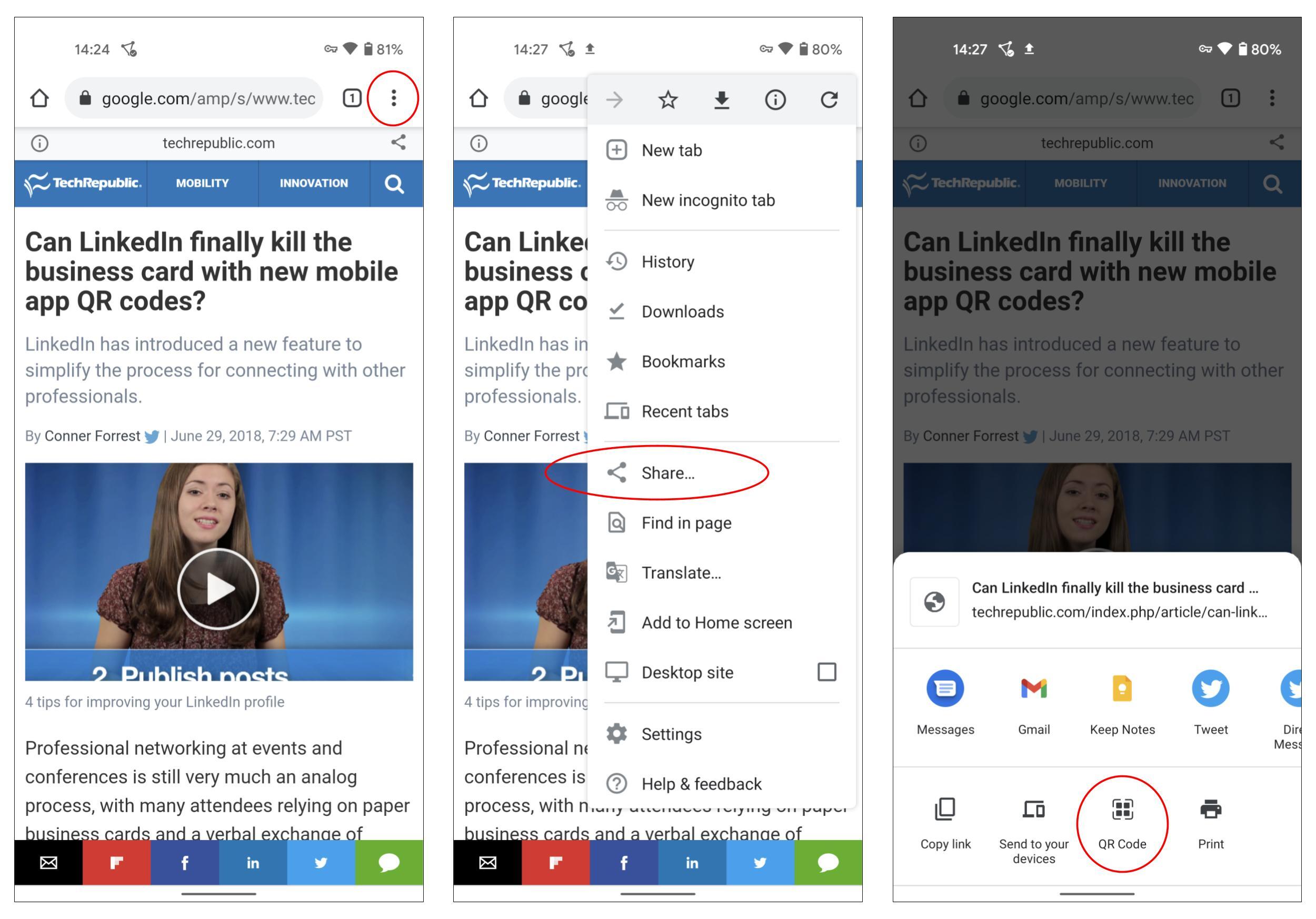 Three screenshots (from left) of the Chrome browser open to a TechRepublic article page. (left) Three dot menu in upper-right corner circled, (middle) Share menu item circled, (right) QR Code option circled.