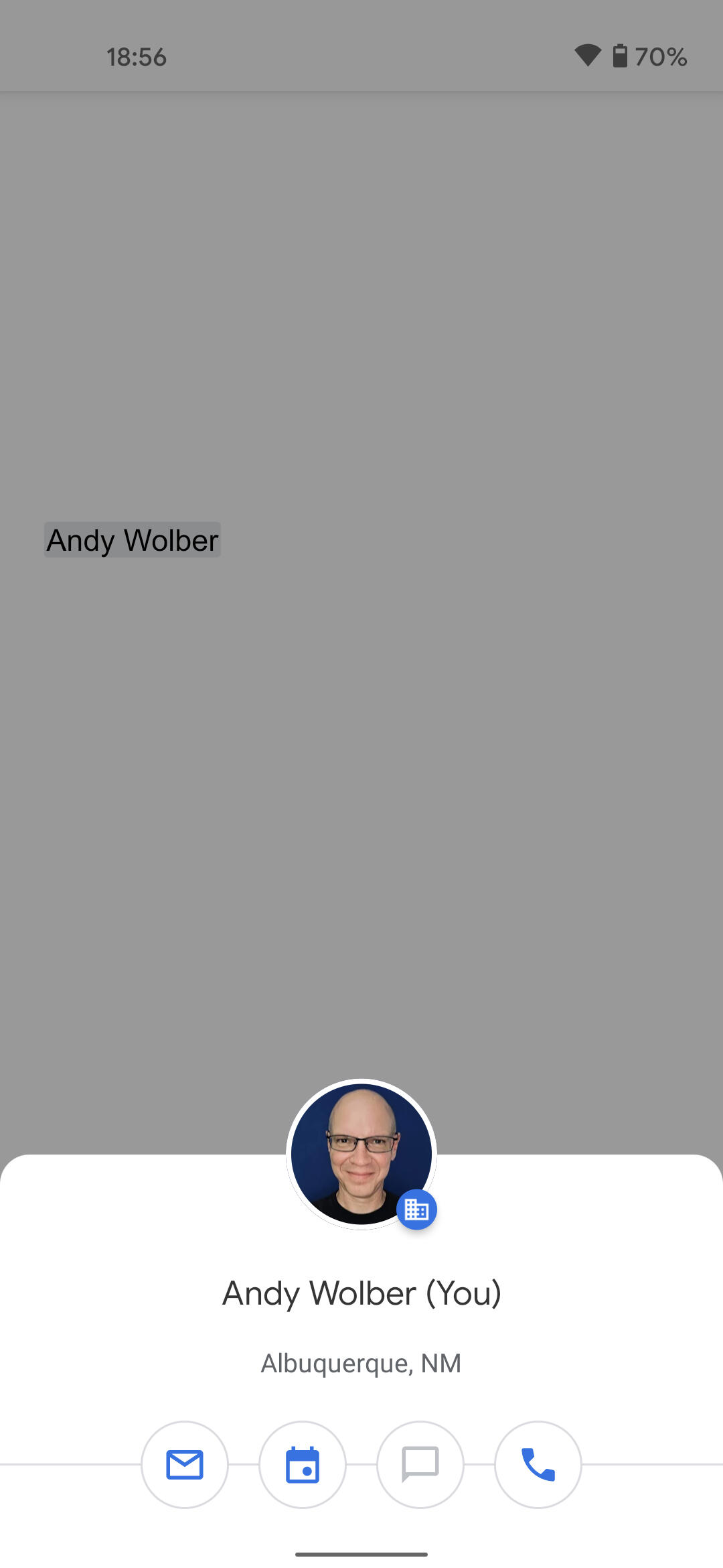 Screenshot of Google Doc on Android, taken immediately after the author tapped on the Andy Wolber contact link. It displays Andy Wolber (You) and Albuquerque, NM, with active email, calendar, and call buttons below. A chat button is displayed, but grayed out.