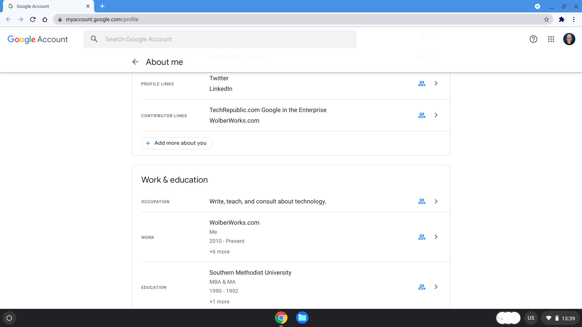 Screenshot of a portion of the author's Google profile page, with links to Twitter, LinkedIn, TechRepublic, and occupation, work, and education history displayed.