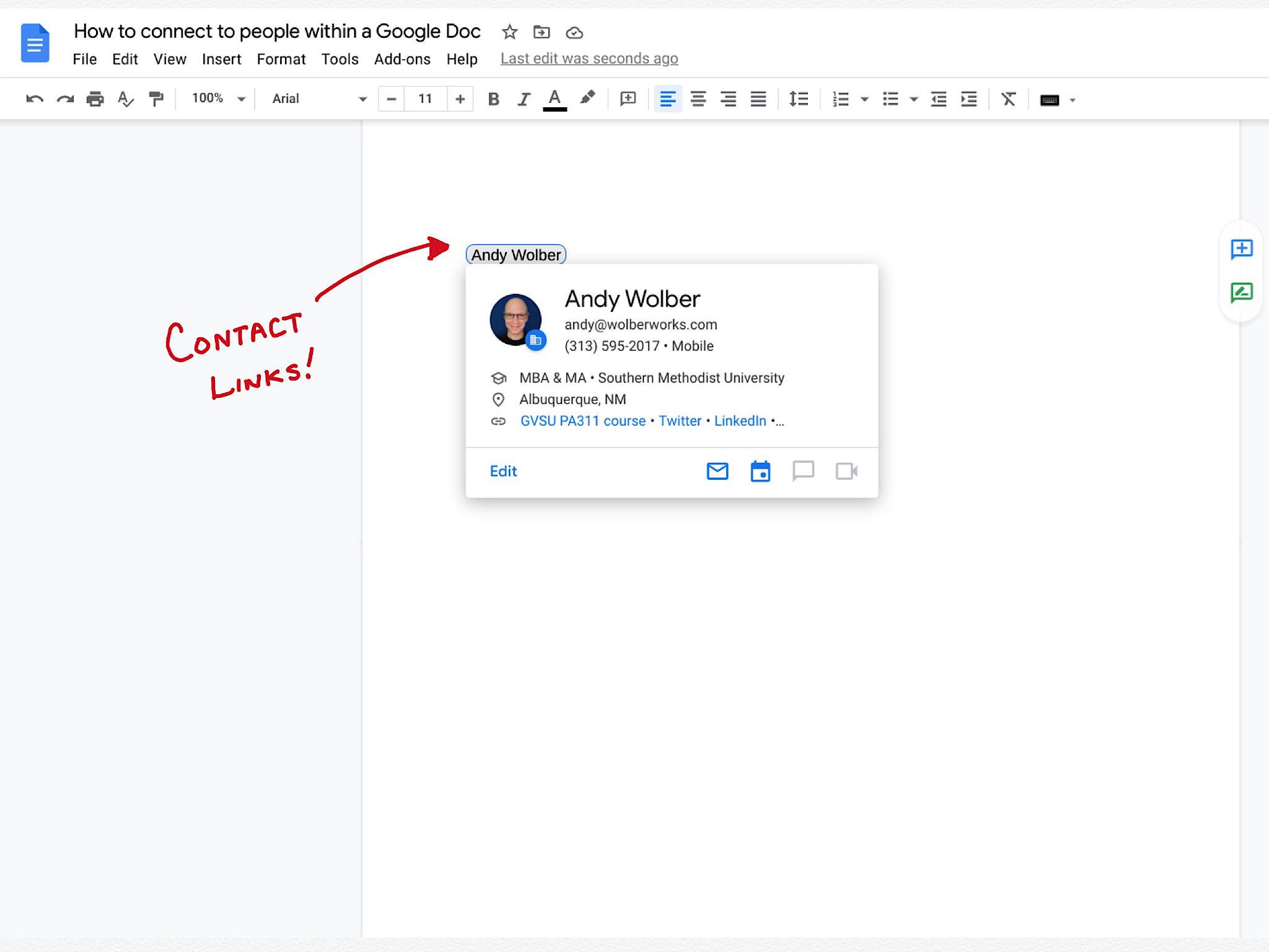 Screenshot of author's name in a Google Doc on the web, displays email, phone, education, location, and email and calendar icons. Words "Contact Links!" handwritten and point to the name in the text that is the source of the @ mentioned contact.