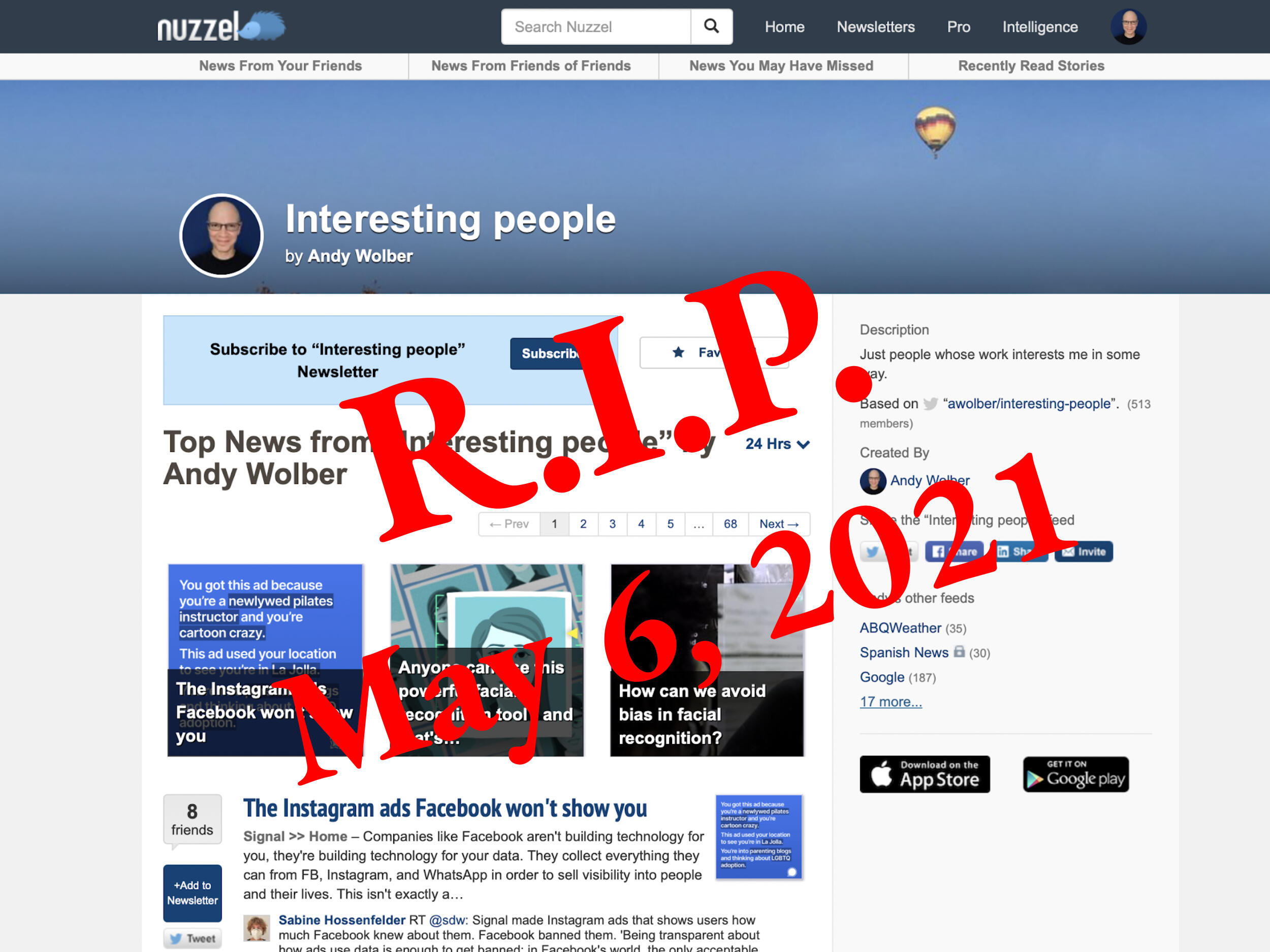 Screenshot of Nuzzel.com home page, with red text overlay 
