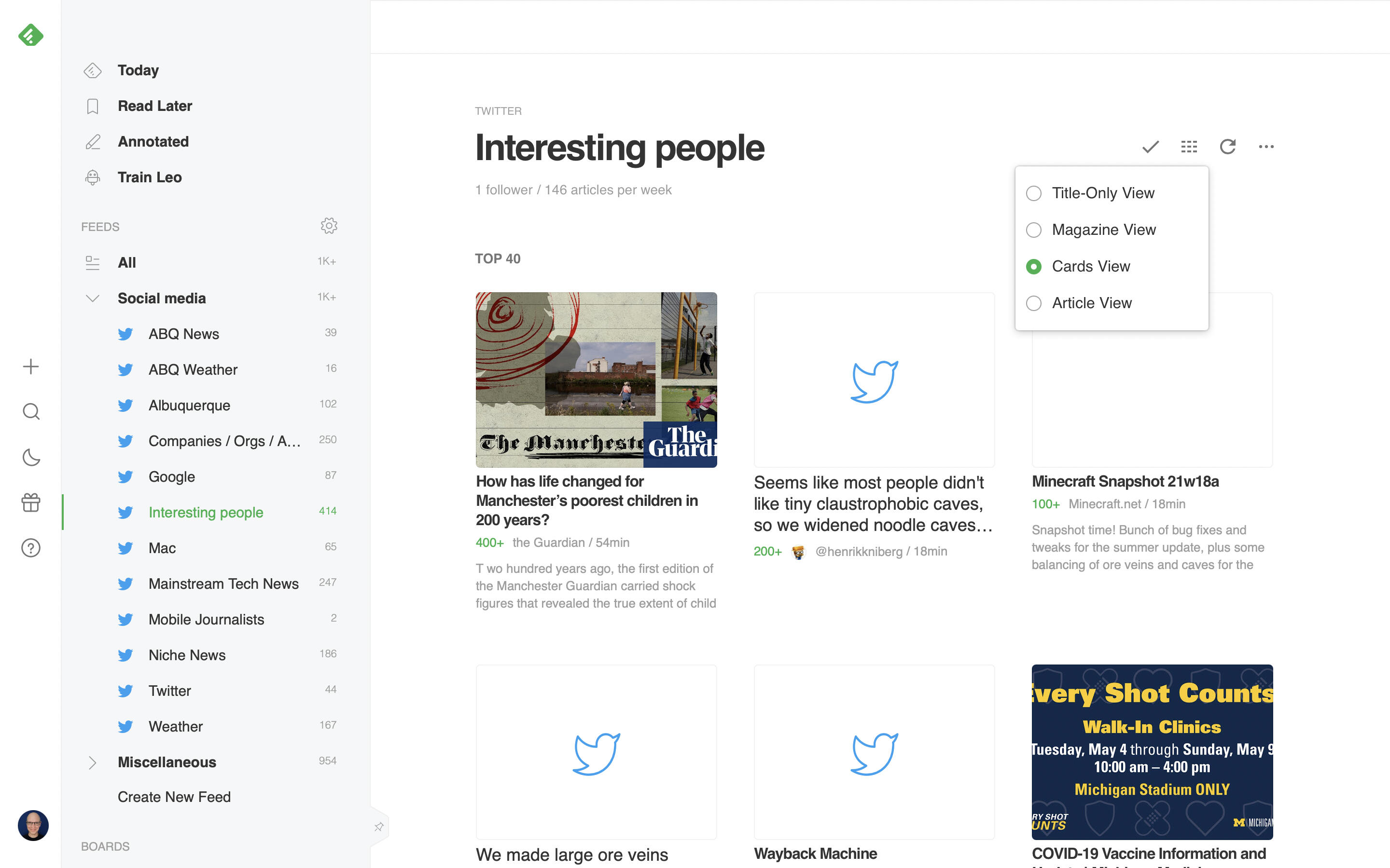 Screenshot of Feedly.com that displays 6 cards from Andy Wolber's Interesting people Twitter List. Display options menu shown with 4 options available: Title-only, Magazine, Cards, or Article views.