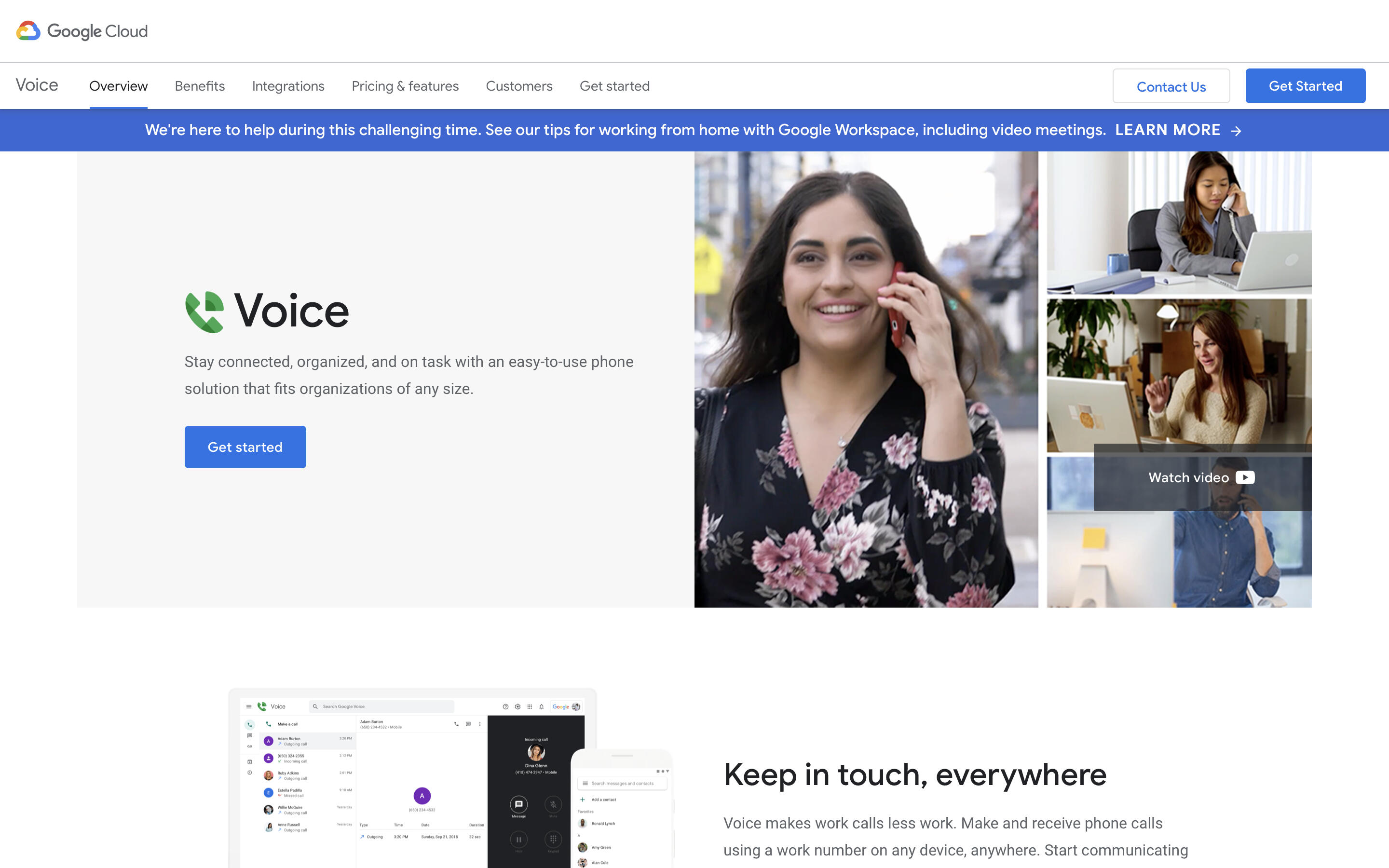 Google Voice için Google Workspace sayfasının metin içeren ekran görüntüsü 