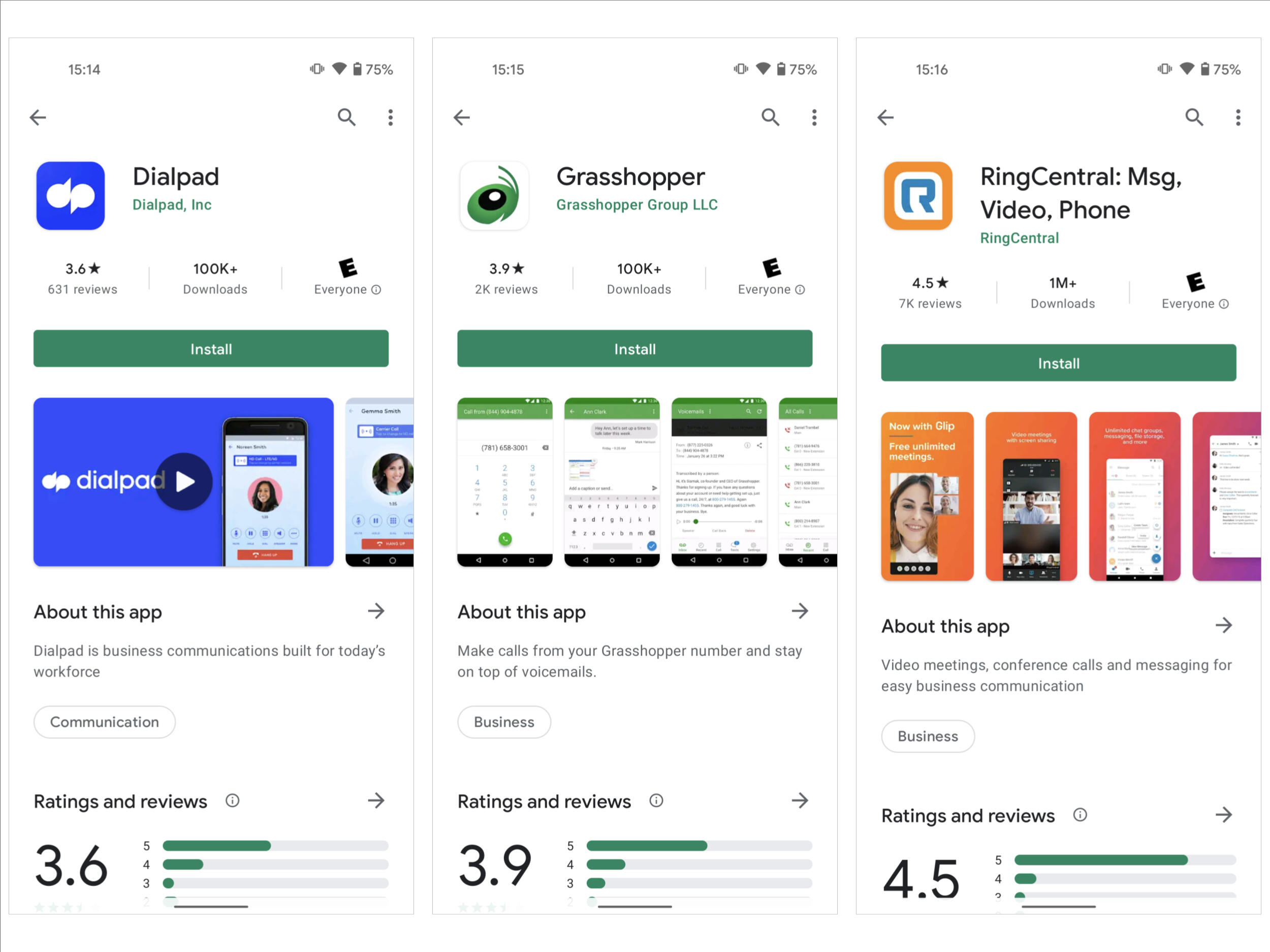 Dialpad (solda), Grasshopper (ortada) ve RingCentral için Google Play mağazasından Android uygulama sayfasının ekran görüntüsü: Mesaj, Video, Telefon (sağda).