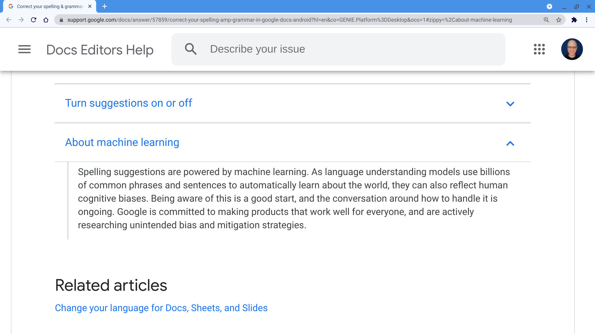 Google destek sayfasının "Makine öğrenimi hakkında" bölümünün, makalede kısmen alıntılanan metinle birlikte ekran görüntüsü.