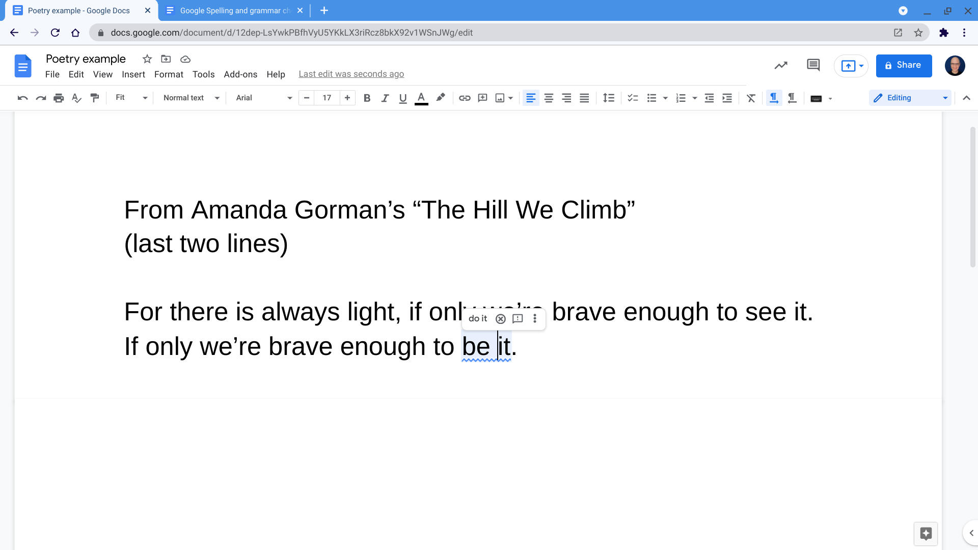 Screenshot that shows the grammar suggestion to change "be it" to "do it" in Amanda Gorman's poem typed in a Google Doc.