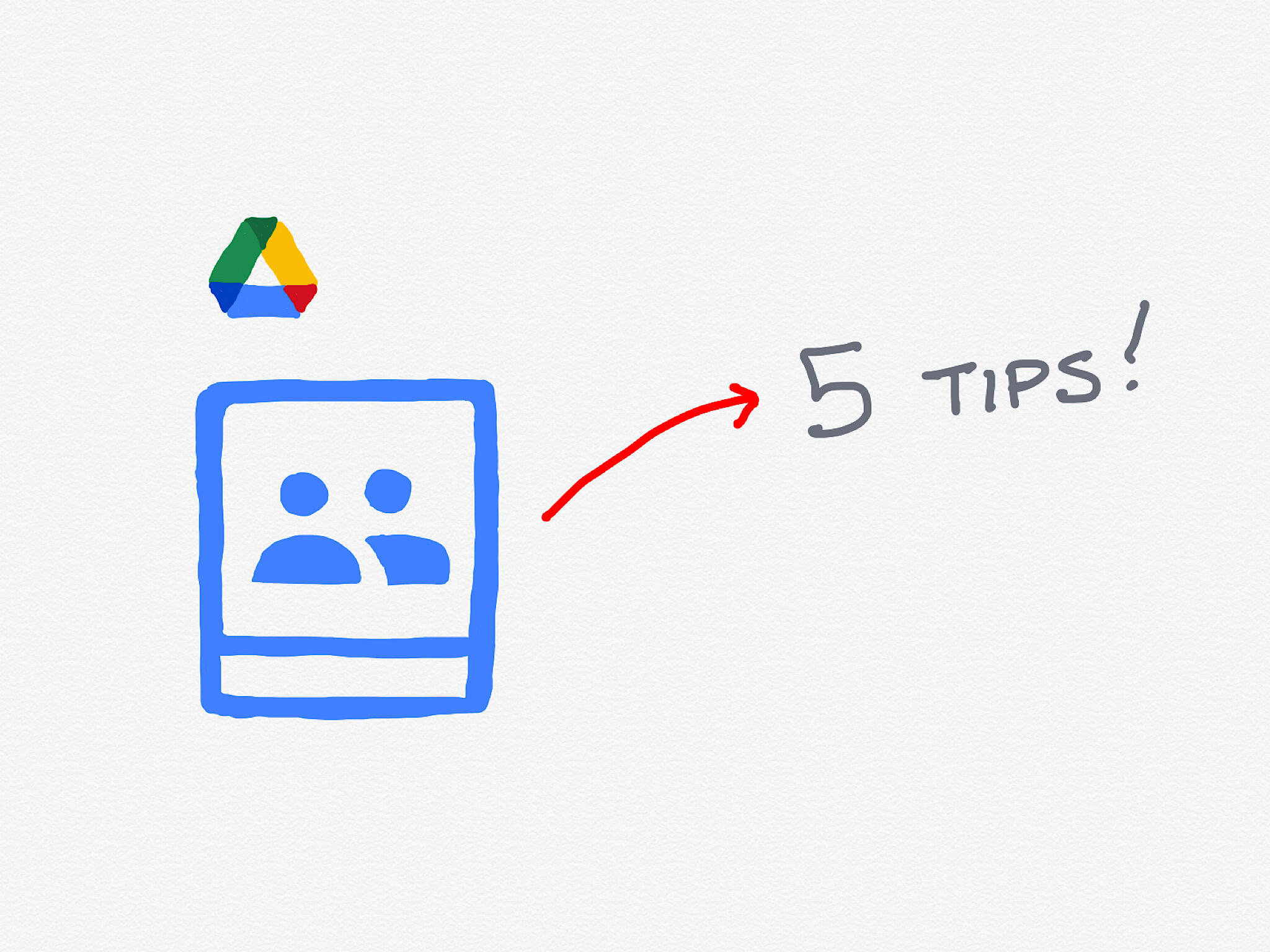 Hand drawn Google Drive logo, with large Shared drive icon below it with arrow from the icon to text: 5 Tips!