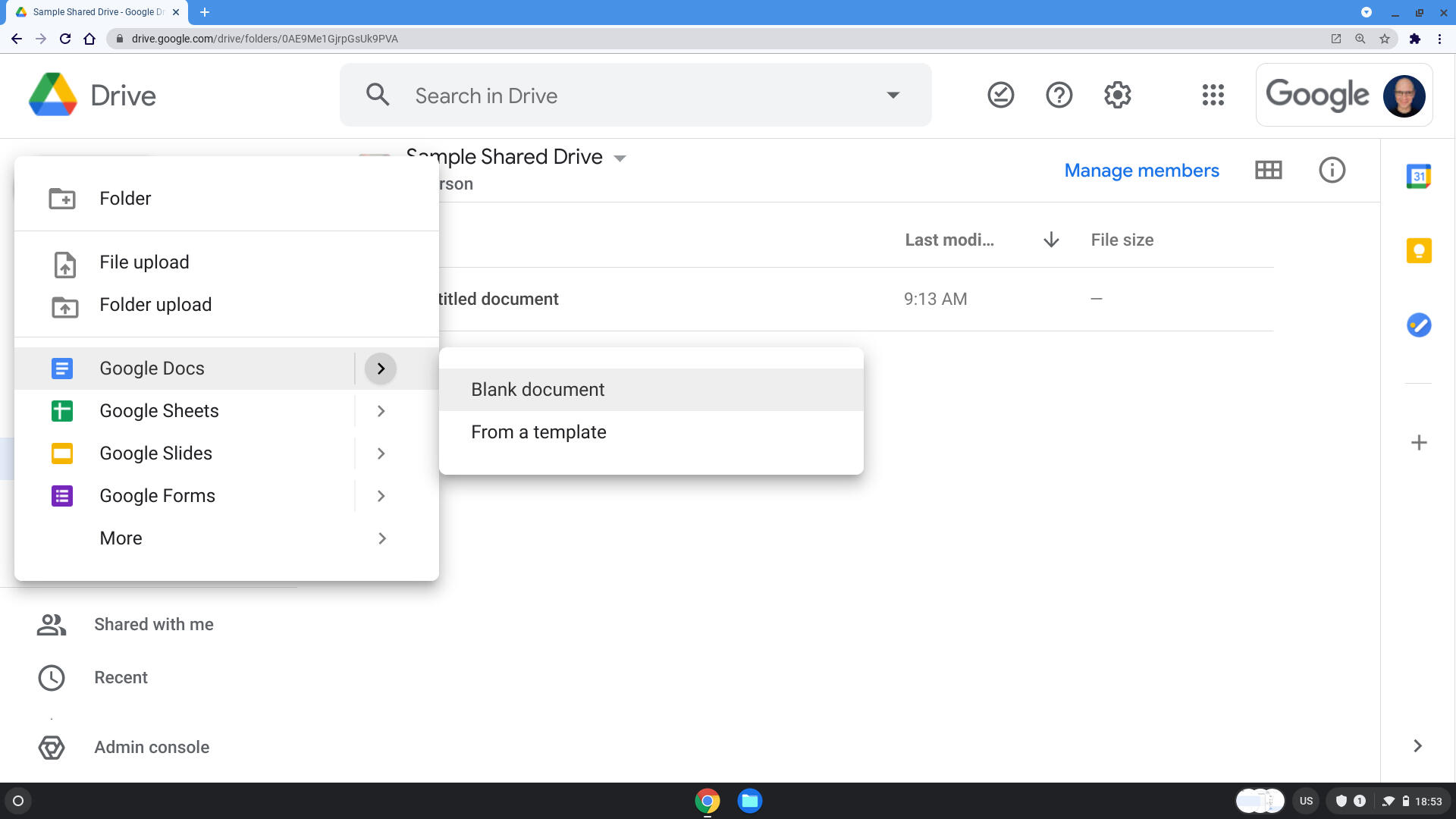 Screenshot of Google Drive in Chrome, open to a Shared drive, just after the +New button has been selected. Menu of options displays: +Folder, File upload, Folder upload, Google Docs - Blank document option highlighted, signaling a new Doc about to be created in the Shared drive.