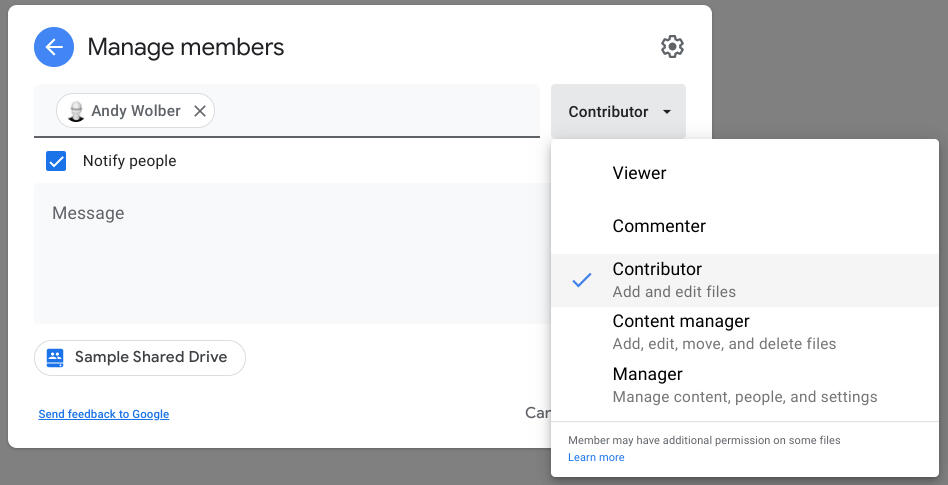 Screenshot of the Manage member screen, with an individual added and the Viewer, Commenter, Contributor, Content manager, and Manager permission options displayed. The Contributor option is selected.